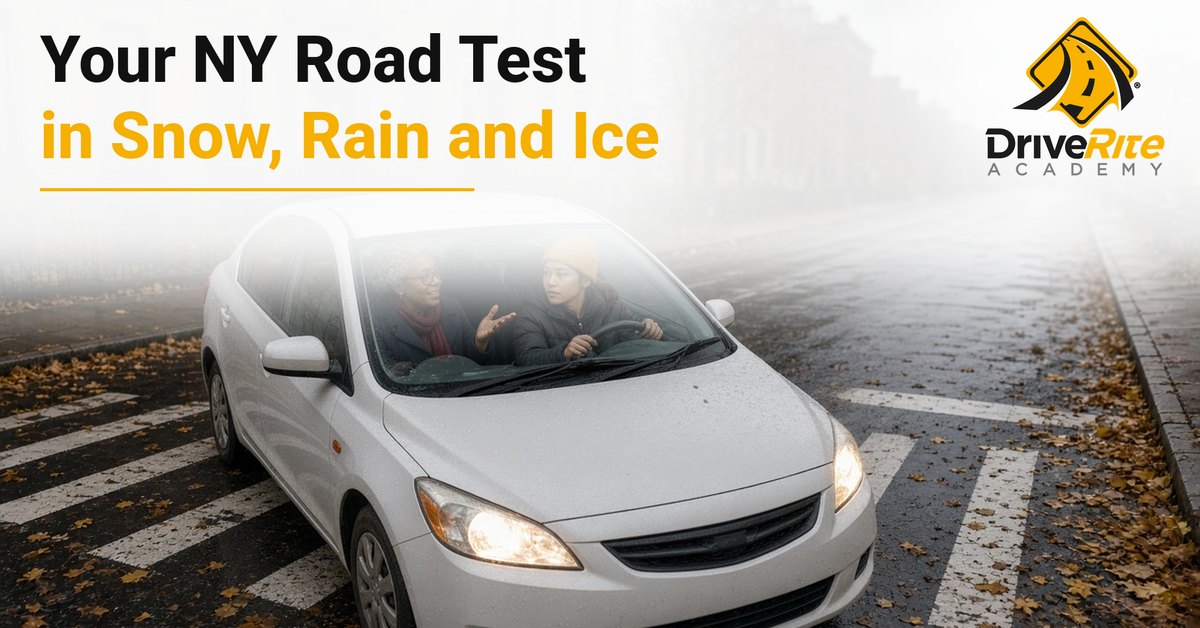 A driving instructor in a navy wool coat talks calmly with a young woman behind the wheel of a white sedan on a rainy New York City street lined with brick apartment buildings, wet leaves on the pavement.