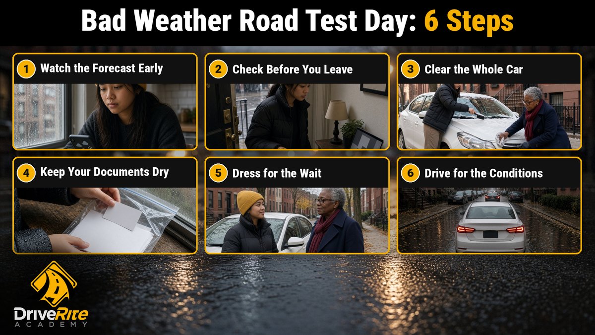 Six steps for a NY road test day in bad weather: watch the forecast early; check before you leave; clear the whole car; keep your documents dry; dress for the wait; drive for the conditions.