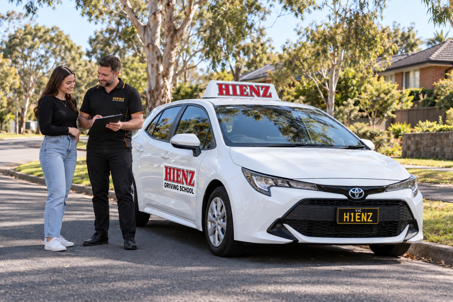 Instructor and learner reviewing a lesson plan beside a white HIENZ driving school car.