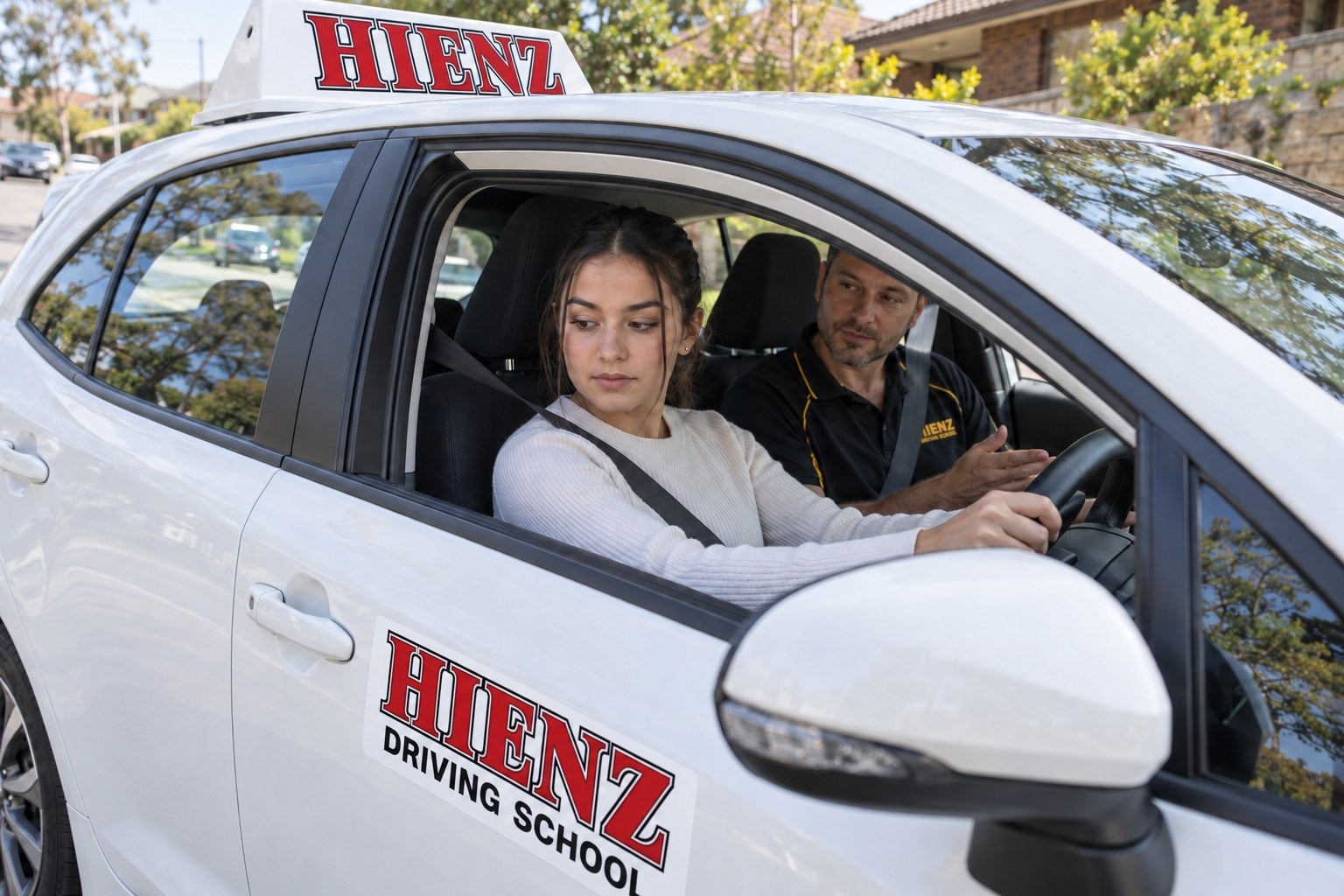 Learner practising observation checks in a parked HIENZ car with an instructor beside her.