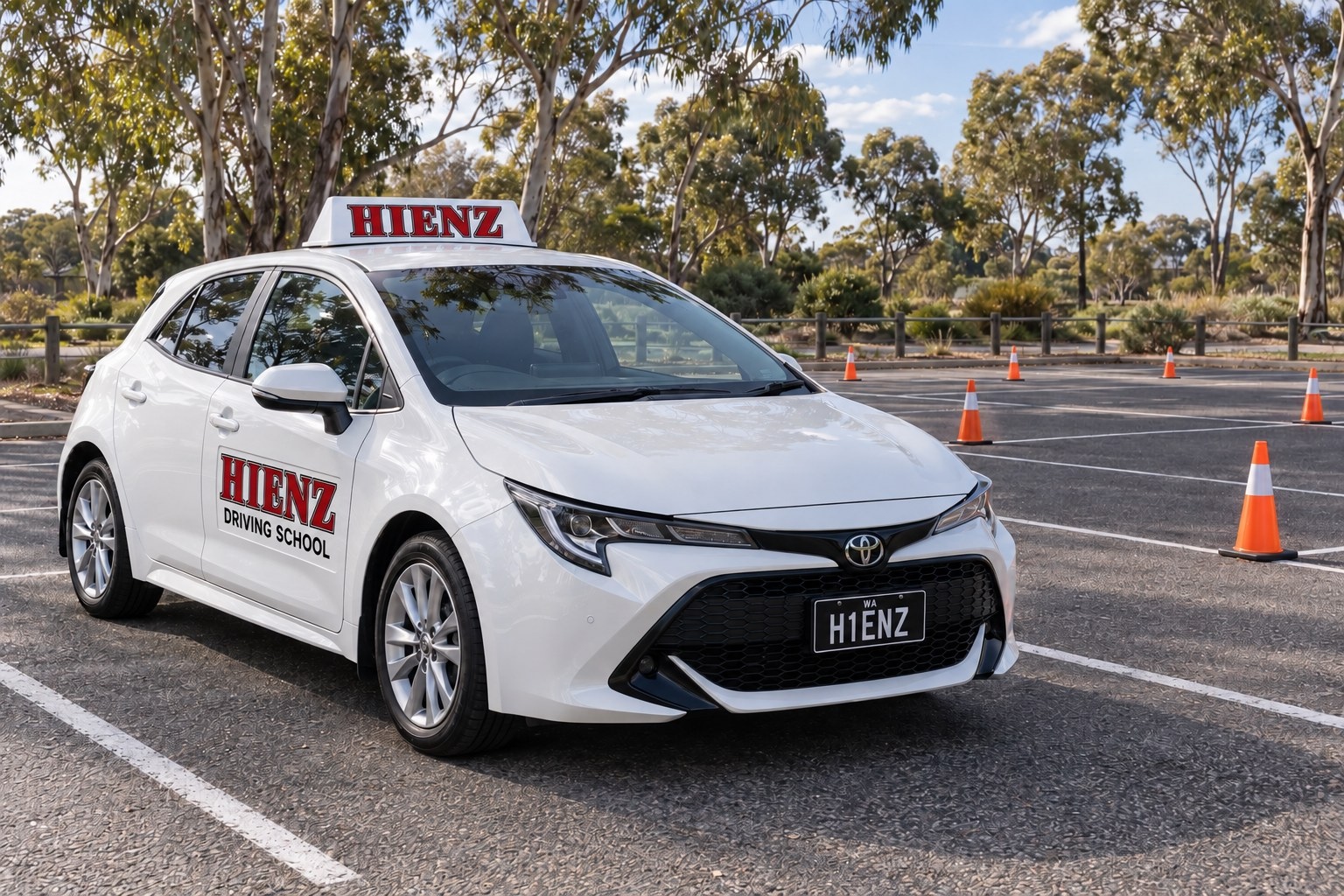 White HIENZ Toyota parked beside cones and marked bays in a quiet parking practice area.