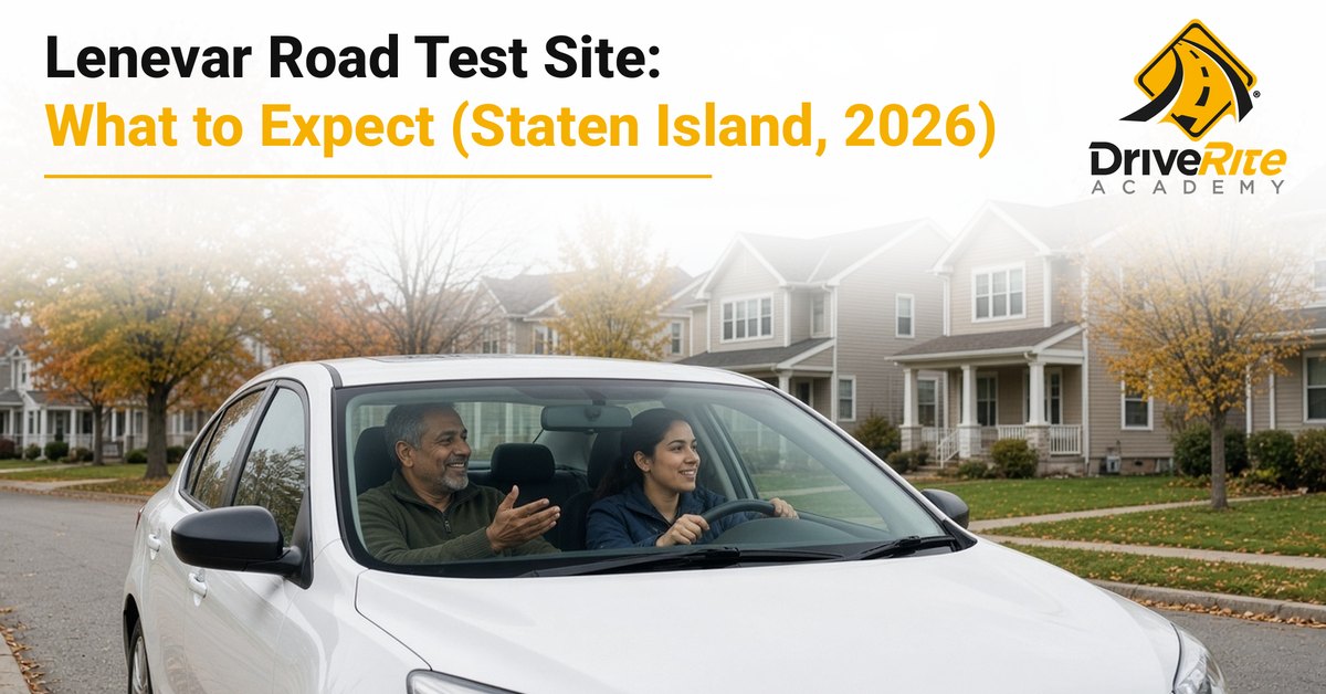 A friendly driving instructor in the passenger seat talks with a young adult student at the wheel of a white sedan parked on a quiet, tree-lined residential street on Staten Island in autumn, with the title Lenevar Road Test Site: What to Expect (Staten Island, 2026).