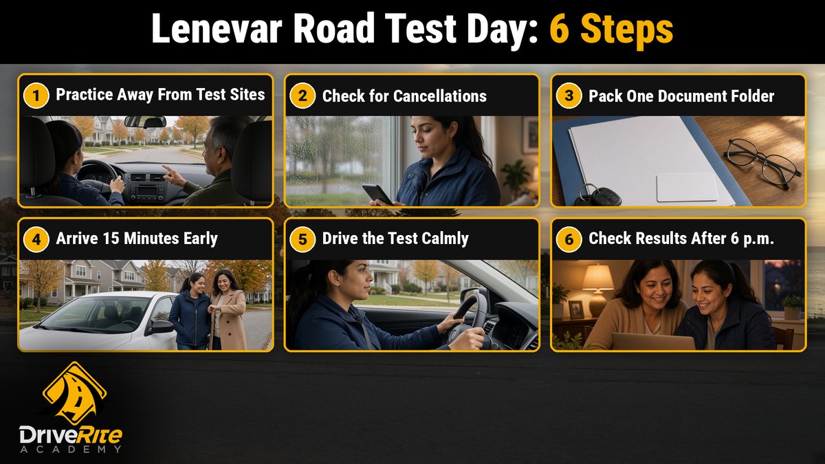 6 steps for your Lenevar road test day: practice away from test sites; check for cancellations; pack one document folder; arrive 15 minutes early; drive the test calmly; check results after 6 p.m.