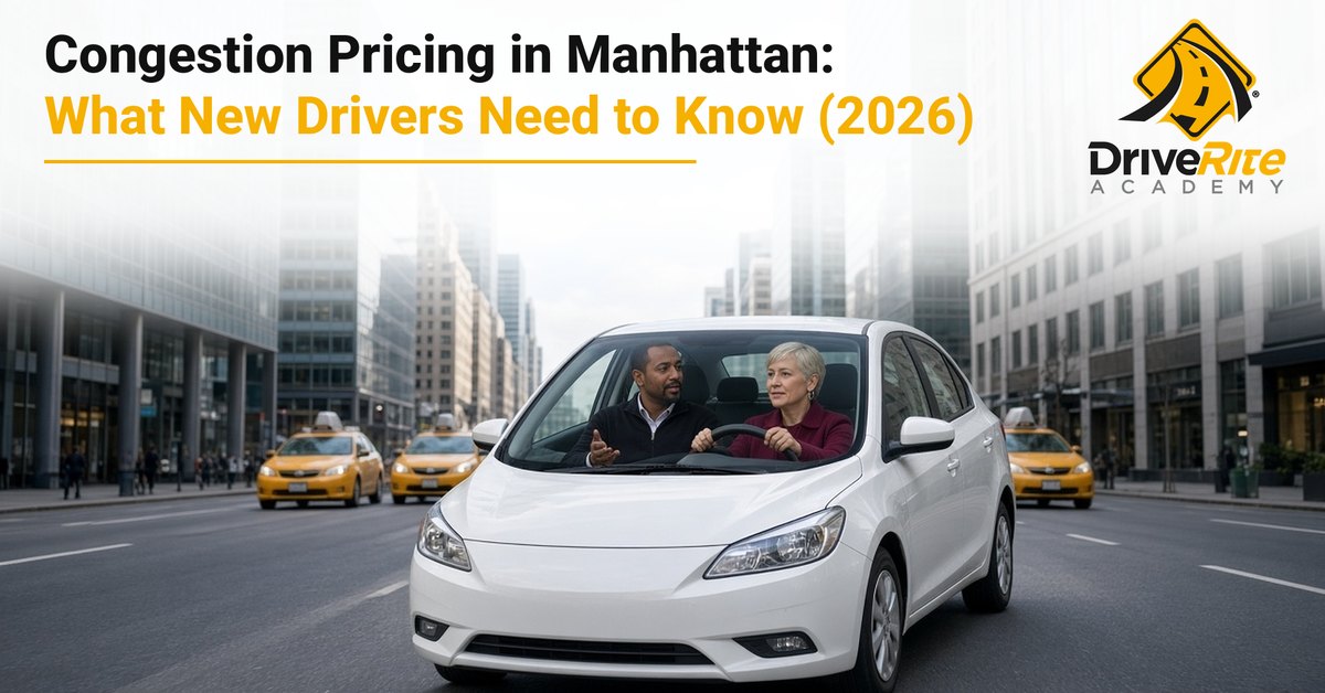 A driving instructor in the passenger seat talks with an adult student driving a white sedan on a busy Midtown Manhattan avenue lined with tall office buildings.