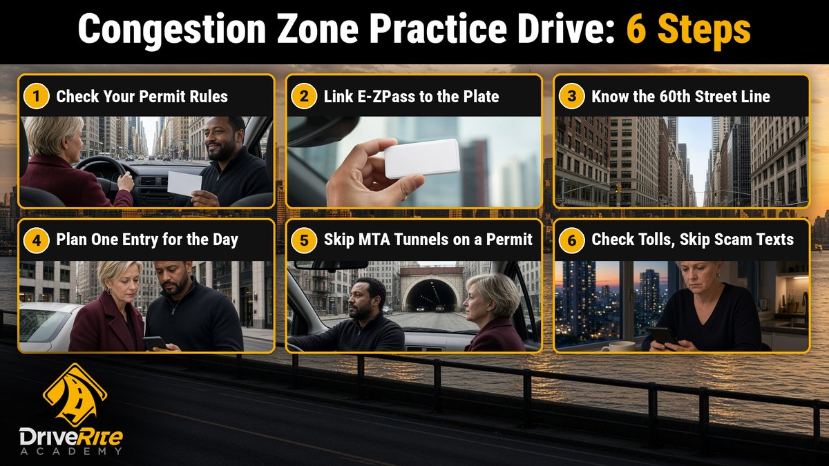 Six steps for planning a practice drive in Manhattan's congestion zone: check your permit rules; link E-ZPass to the plate; know the 60th Street line; plan one entry for the day; skip MTA tunnels on a permit; check tolls and skip scam texts.
