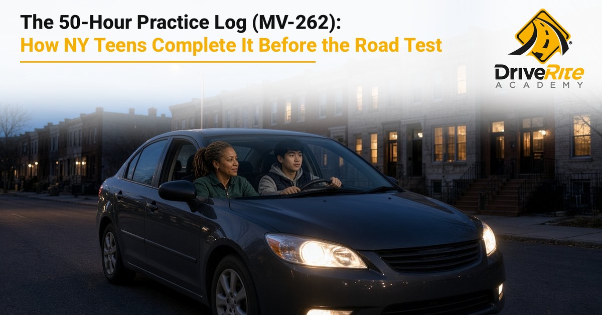 A teen driver at the wheel of a gray sedan on a quiet Brooklyn residential street at dusk, with a driving instructor in the passenger seat and rowhouse windows lit behind them.