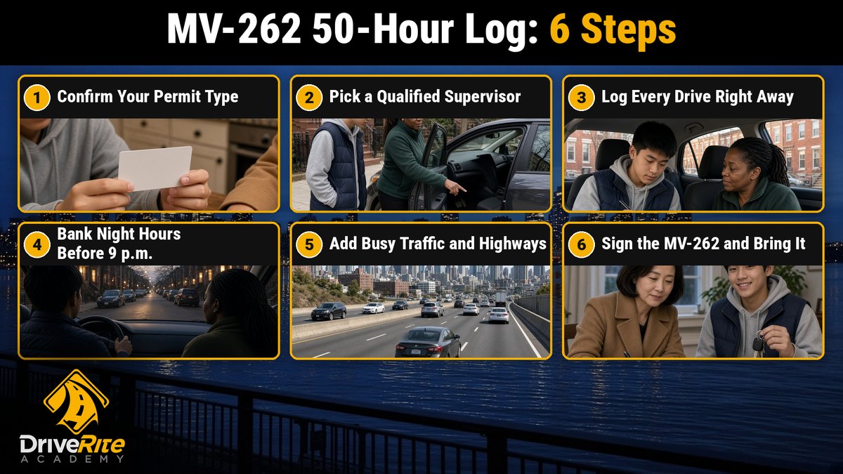 Six steps for completing the MV-262 50-hour practice log in New York City: confirm your permit type; pick a qualified supervisor; log every drive right away; bank night hours before 9 p.m.; add busy traffic and highways; sign the MV-262 and bring it.