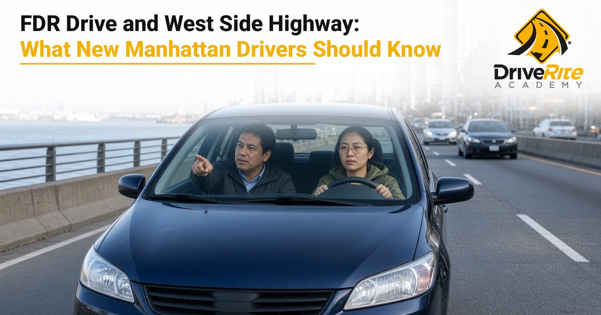 A driving instructor in the passenger seat guides a student driving a dark blue sedan on a Manhattan riverside highway, with tall apartment and office towers beside the road and the river on the other side.