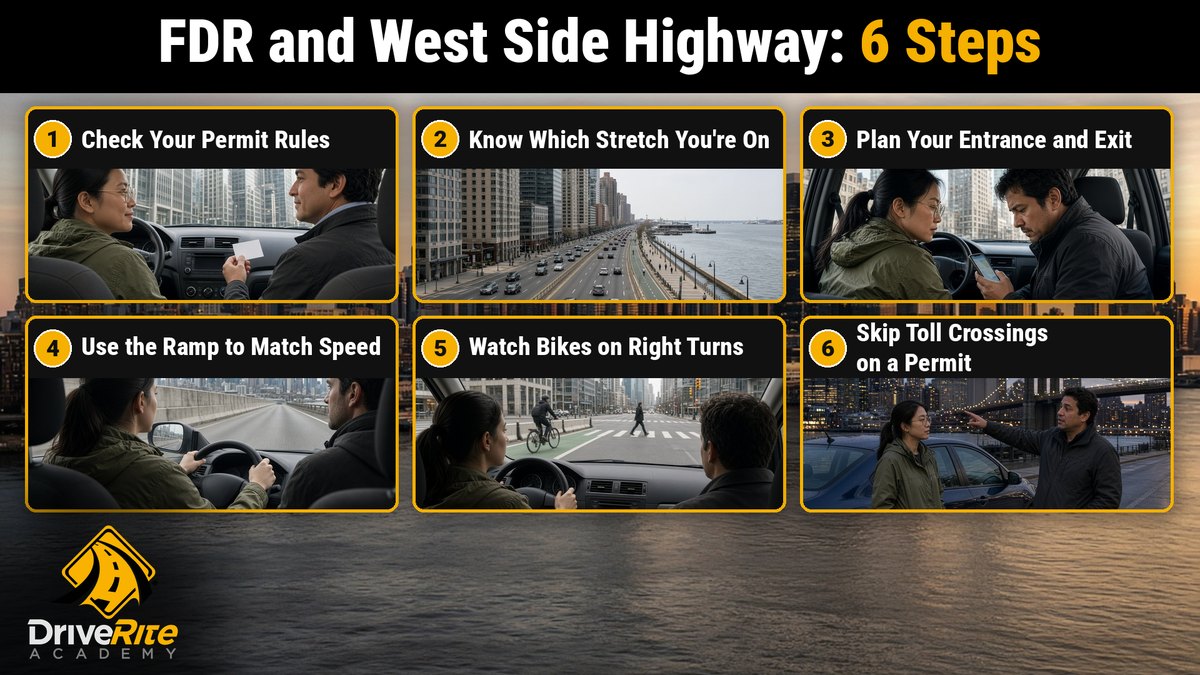 Six steps for a first drive on the FDR Drive or the West Side Highway: check your permit rules; know which stretch you are on; plan your entrance and exit; use the ramp to match speed; watch bikes on right turns; skip toll crossings on a permit.