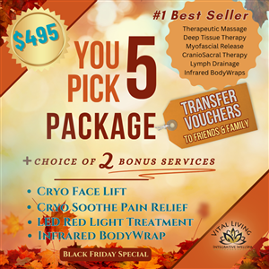 Massage Clinic Gift Vouchers - You Pick 5 Massage Package + Cryofacial at Vital Living Integrative WellSpa