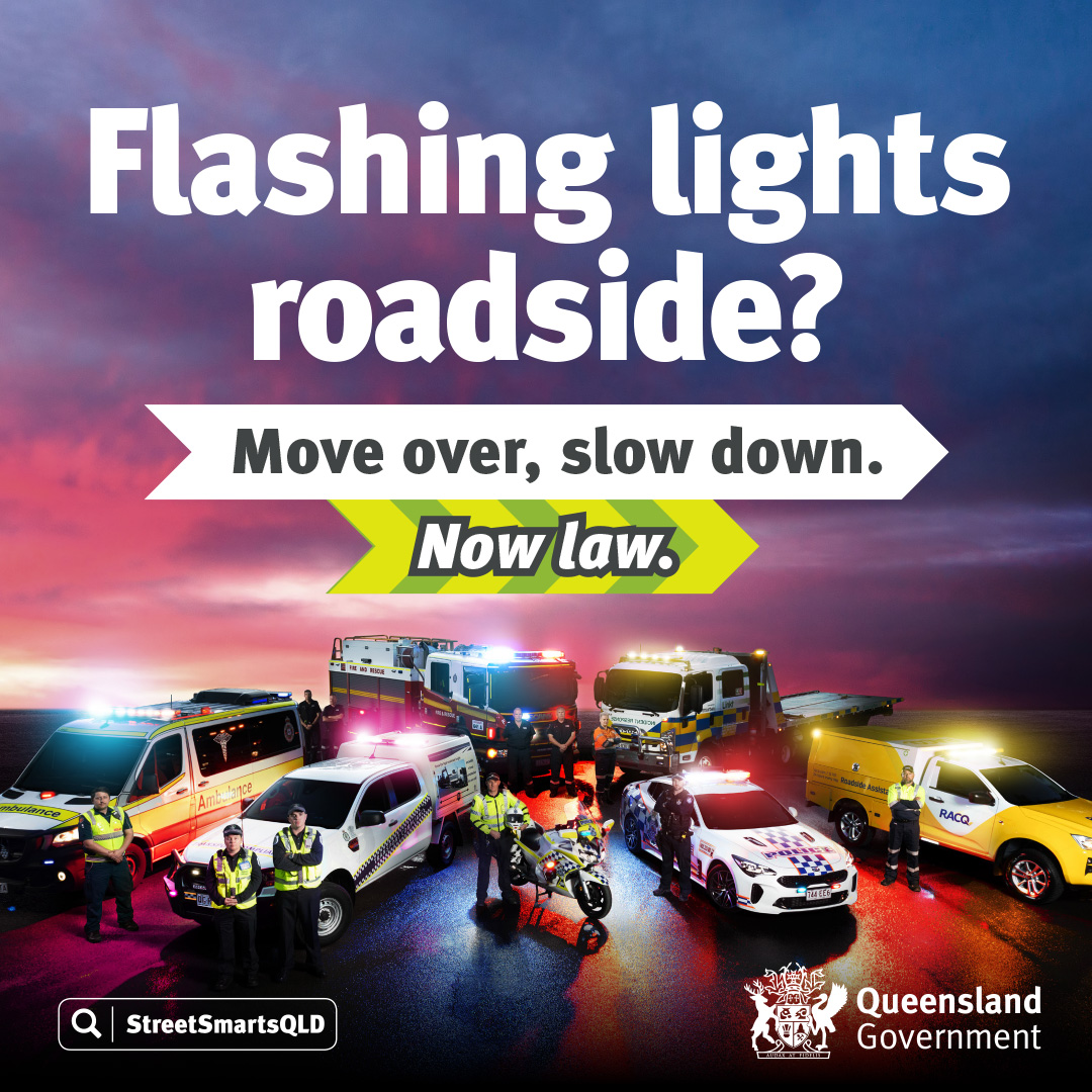 Queensland Government campaign artwork showing emergency and roadside assistance crews with the instruction to move over and slow down.