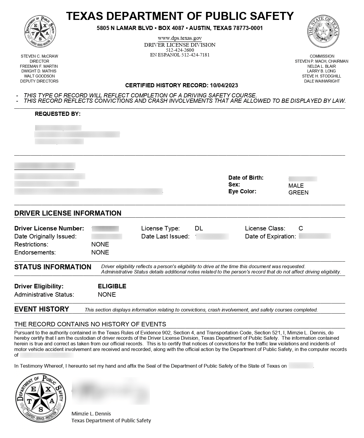 Texas driver record details - Virtual Drive