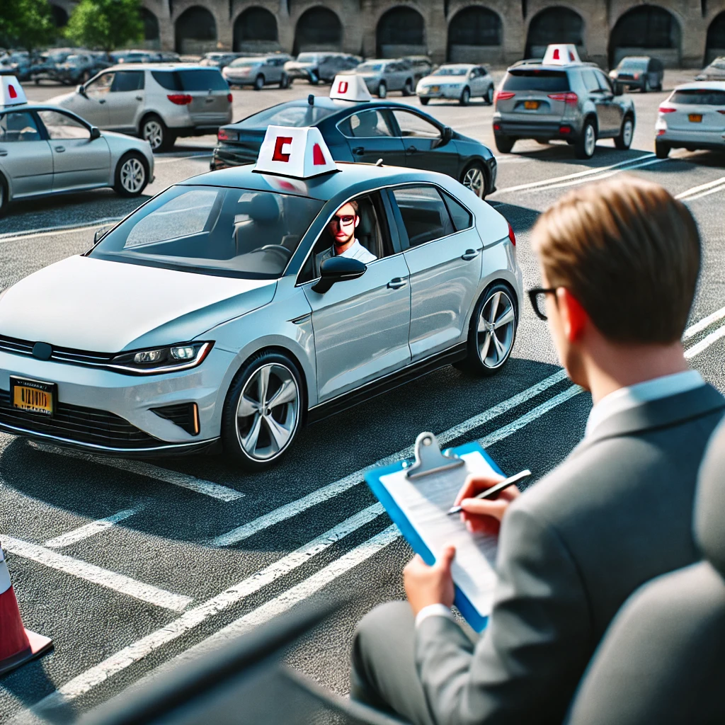 Student checking mirrors while reversing during a NY road test