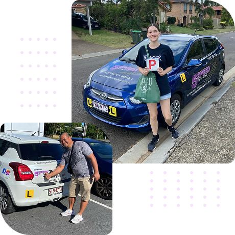 Young woman holding P-plate next to a 5 Speed Driving School car on a suburban street in Brisbane