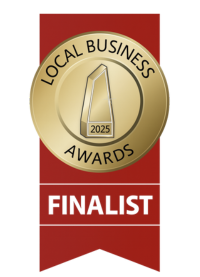 Golden badge with trophy. Local Business Awards, 2025 Finalist.