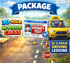 (Adams12 Discount) In-Person 30Hr Class + Permit Test + 3 Two-Hour Driving Lessons