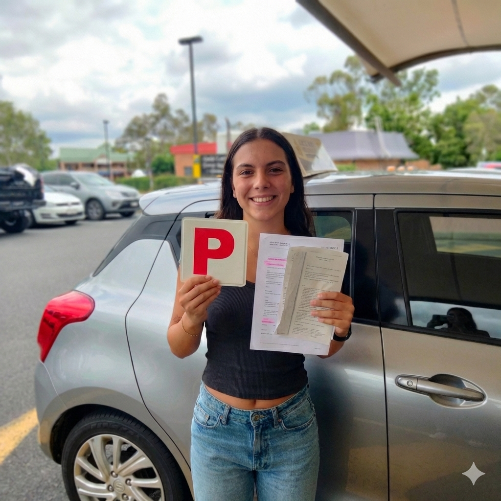 Person holding a red P plate and paperwork beside a silver car under shelter