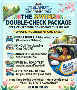 Driving School A SPRING SALE - THE SPRING DOUBLE CHECK PACKAGE--"FREE 2ND CAR + FREE 2ND ROAD TEST APPOINTMENT at Island Driving School