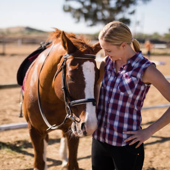 Student bonding with horse during a riding lesson at K&J Horse Boarding.