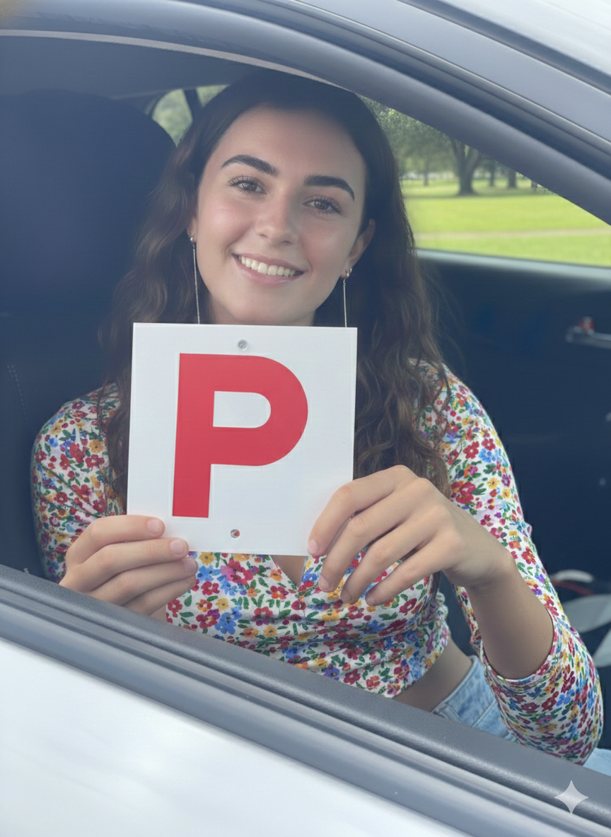 Person in a floral top seated in a car, holding a red P plate.