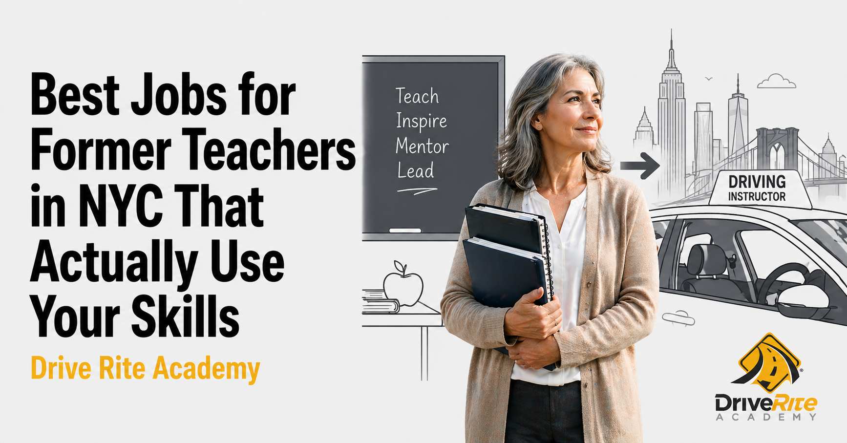 Best jobs for former teachers in NYC — career change guide by Drive Rite Academy showing teaching skills that transfer to new careers