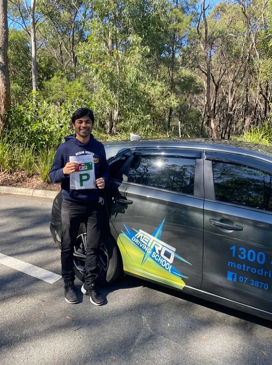 A Metro Driving School learner with a green P-plate beside a dual-control car in Gumdale after passing the driving test
