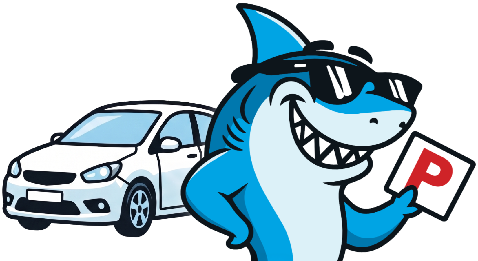 Jaws Driver Training shark standing in front of a learner car.