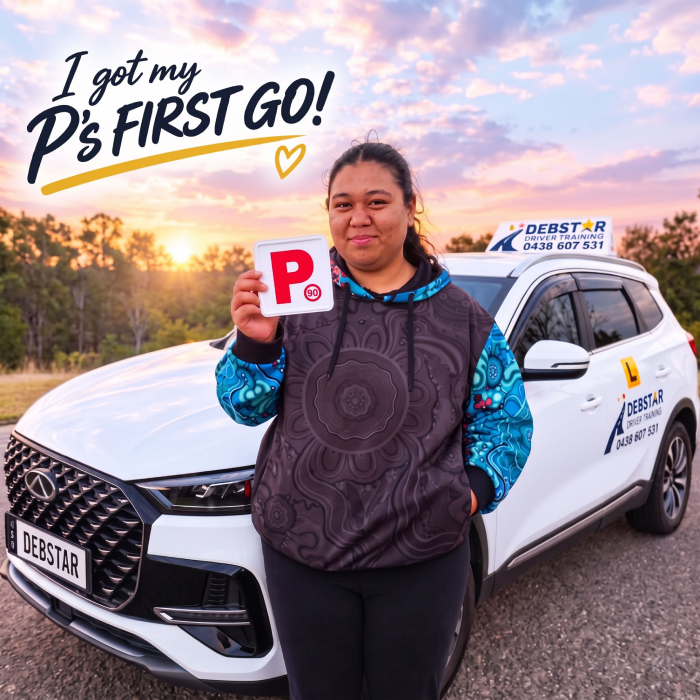 Young woman holding up a red provisional P-plate with a white driving school car and sunset behind her, below text reading I got my P's FIRST GO!
