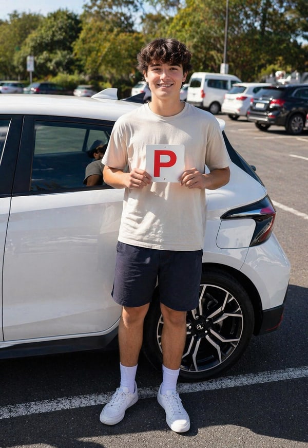 Person in a white T-shirt holding a red P plate beside a white car