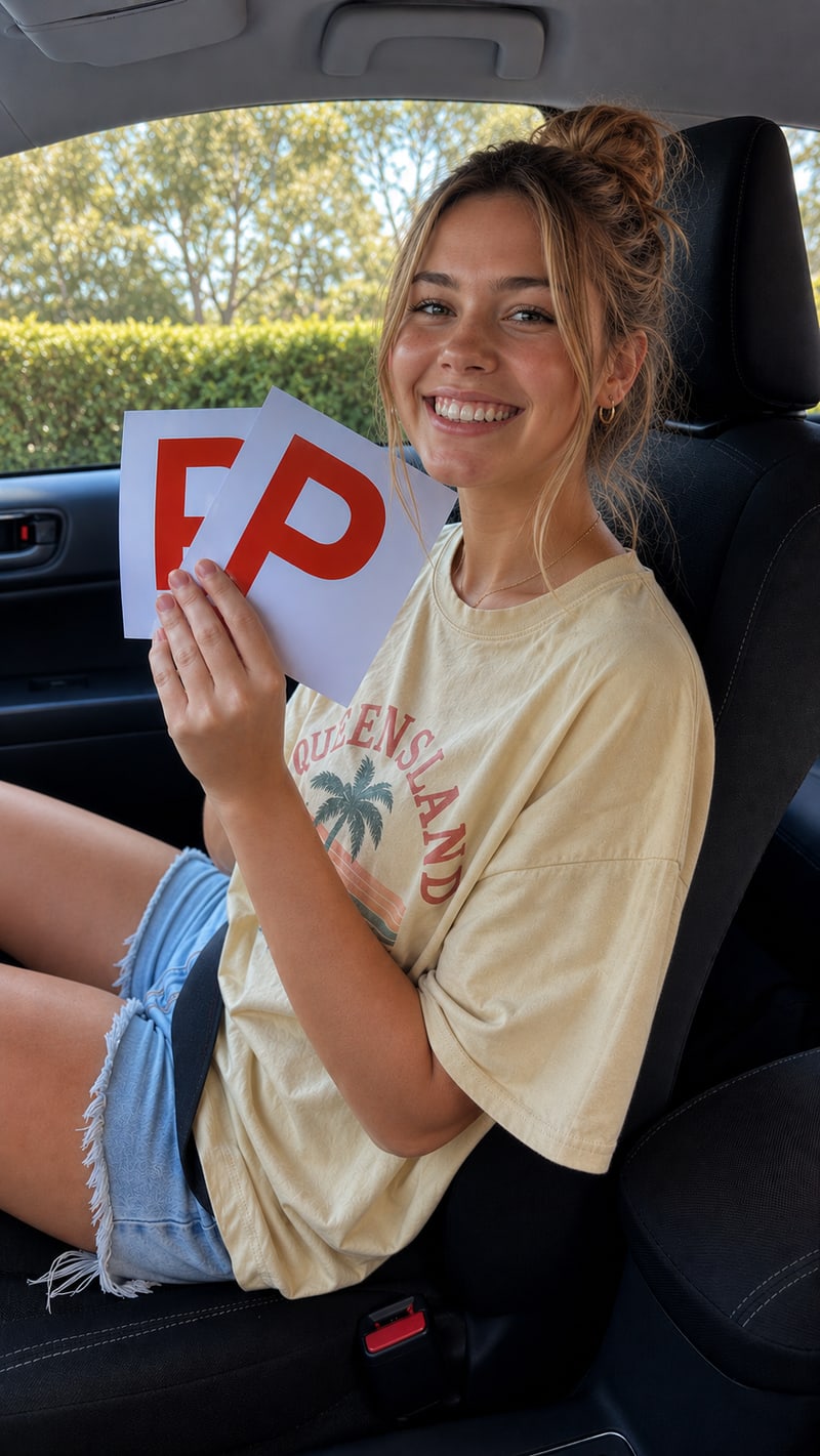 Person holding two red P plates while seated in a car